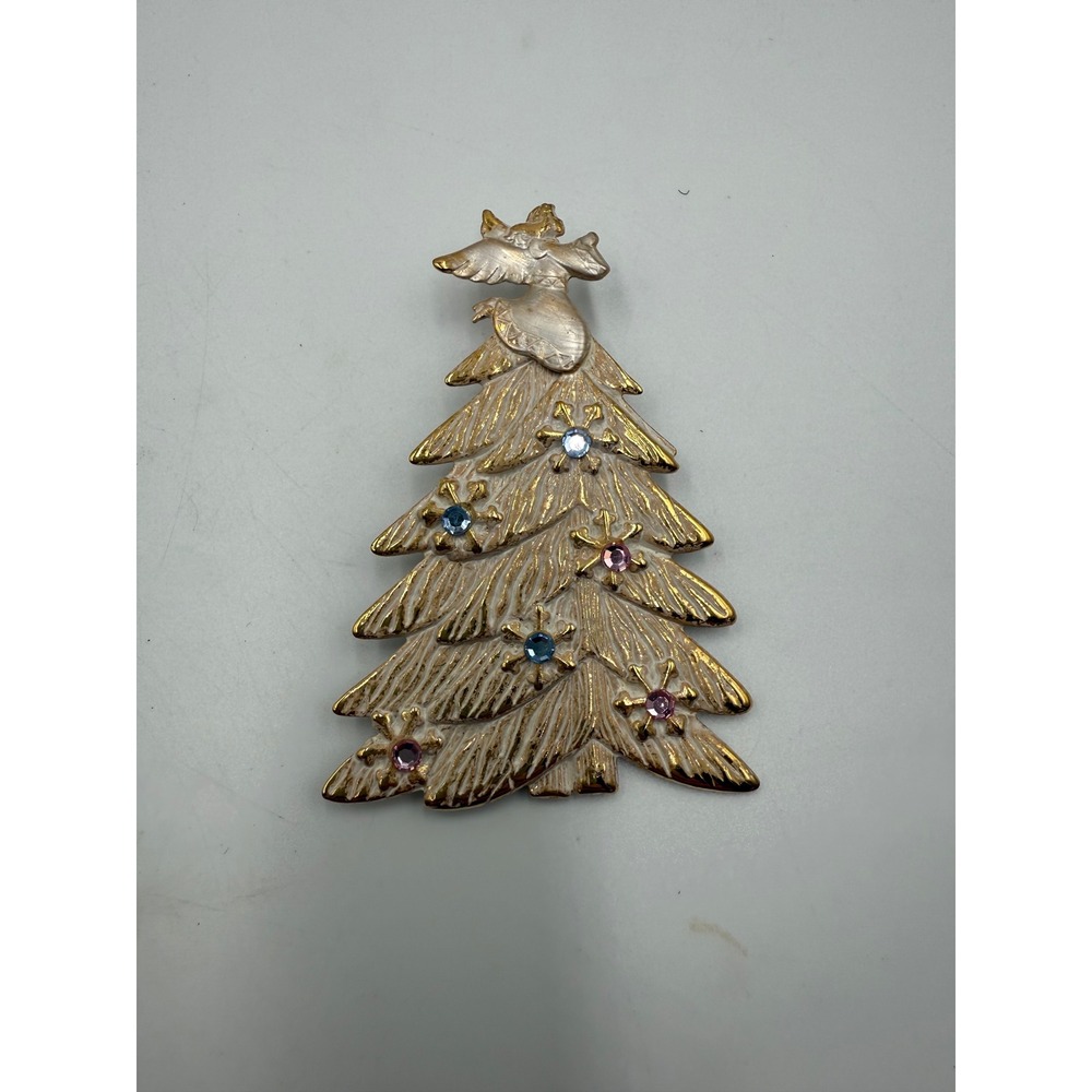 Vintage Christmas Tree Brooch White Enamel Angel Rhinestone Holiday Pin